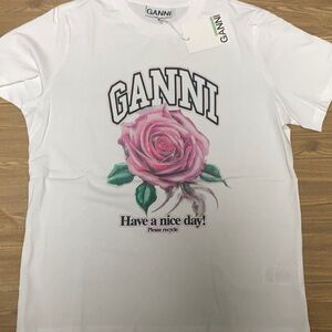 Ganni White T-Shirt rose pattern short sleeved top size Large